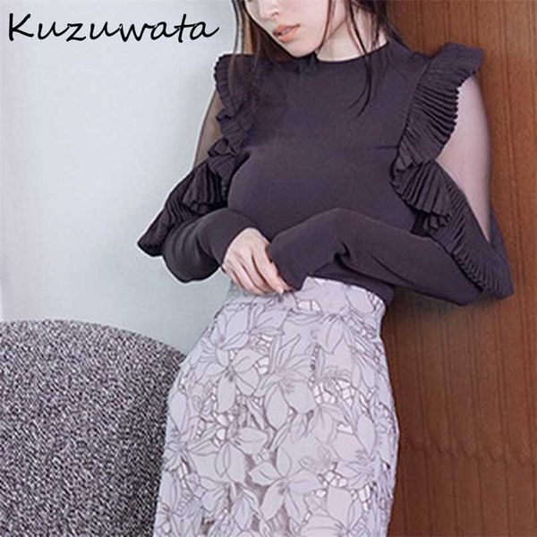 

kuzuwata janpanese knitted pullover early autumn women jumper gauze off shoulder pleated ruffled flying sleeved sweaters 211011, White;black