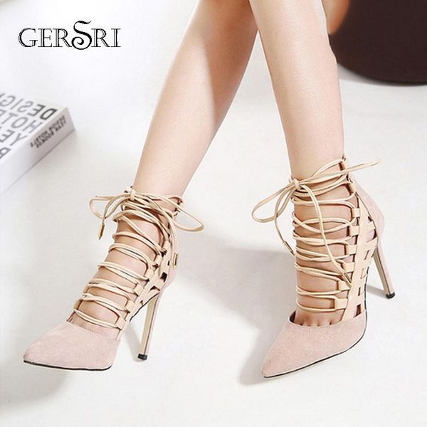 

dress shoes gersri women sandals summer 11.5cm high heel lace up ankle strap gladiator pointed toes plus size, Black