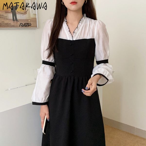 

matakawa pleated waist puff sleeve woman dress korean court style v-neck vestidos ruffles hit color single-breasted femme robe 210513, Black;gray