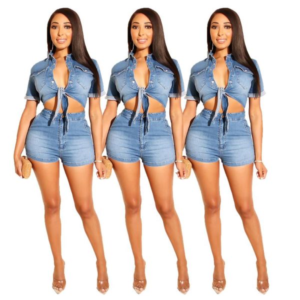 

women's tracksuits deep v neck denim wide leg playsuit romper bodycon short pants shorts blouse two-piece suit, Gray