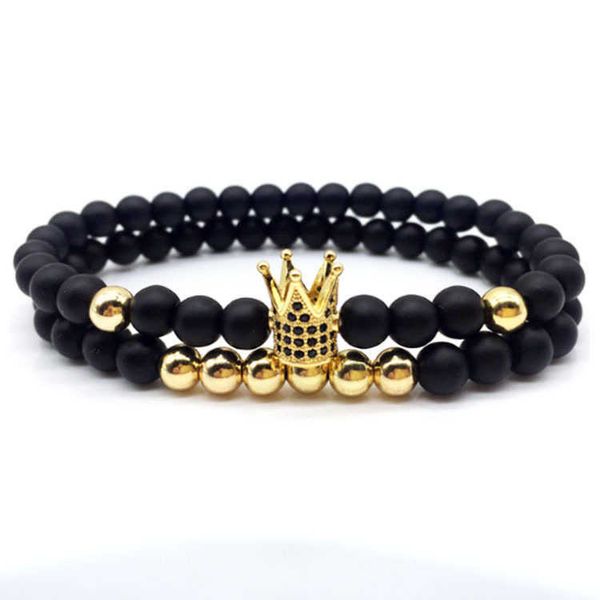 

new 6mm black frosted copper bead bracelet with zircon inlaid crown bracelet for lovers
