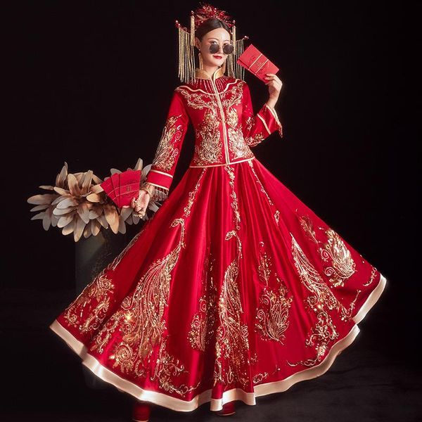 

ethnic clothing chinese style wedding dress exquisite embroidery marrige set cheongsam full length bride oriental toast, Red