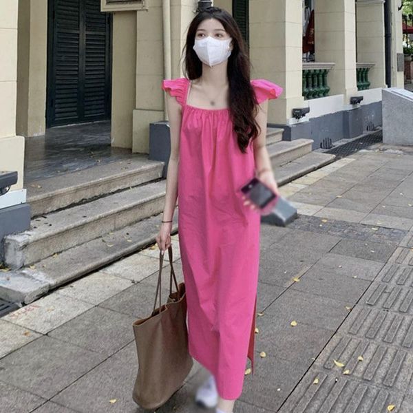 

casual dresses summer women dress college style square collar butterfly sleeve split design solid color loose, Black;gray