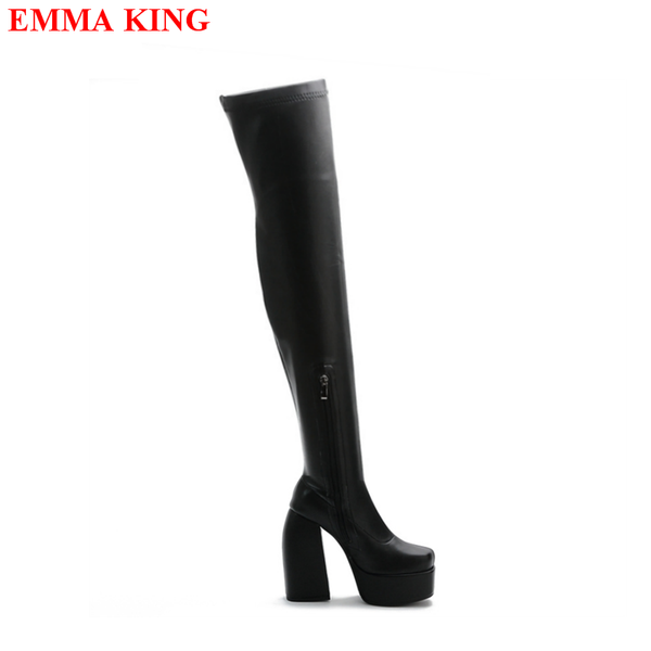 

boots ladies chunky high heels platform thigh goth black women crotch over the knee fashion party shoes