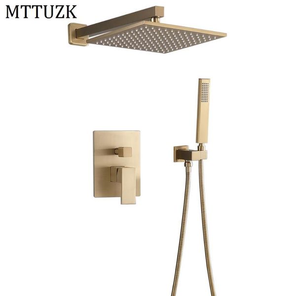 

brass brushed gold two functions rain shower faucet set wall mounted arm diverter mixer tap handheld spray bathroom sets