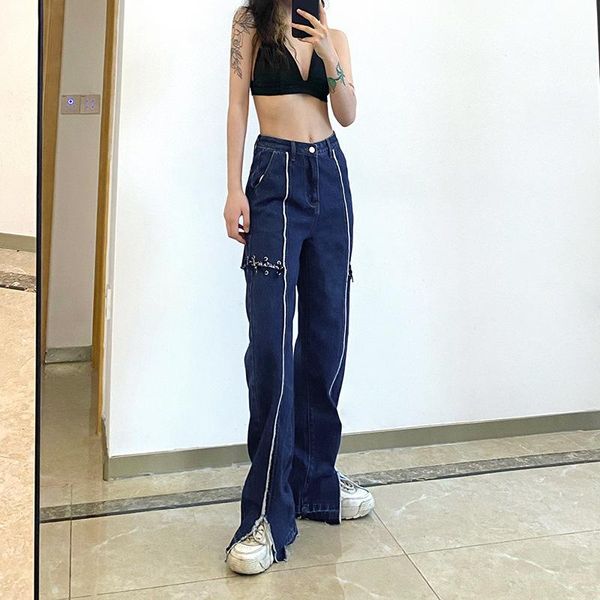 

high waist chic side hollow lace-up jeans female wild fashion simple lines straight pants split hem casual stylish trousers women's, Blue
