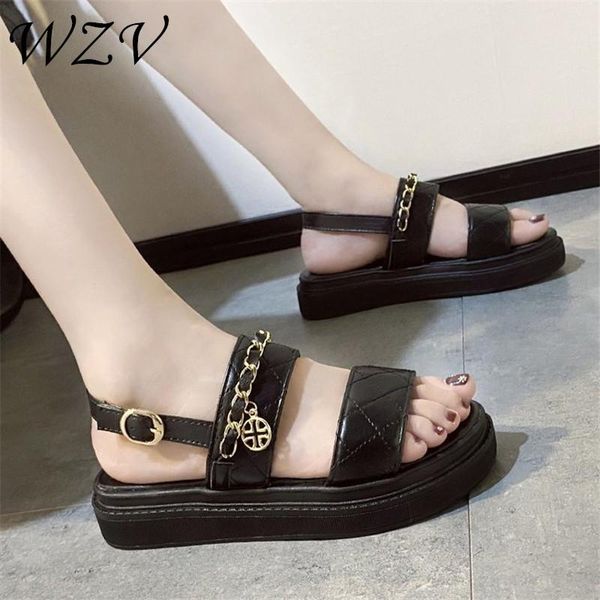 

summer 2021 shoes woman flat platform sandals women soft leather casual open toe gladiator metal chain wedges, Black