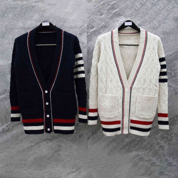 

2021 contrast stitching stripe waist closing wool v-neck cardigan tb medium length twist loose sweater thick, White;black