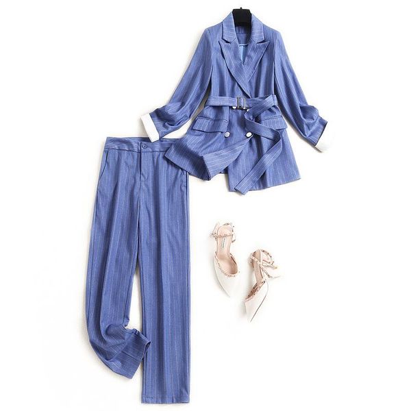 

women plus size xxl clothing striped pants suit spring summer 2021 double breasted sashes blazer office two piece outfits blue women's, White