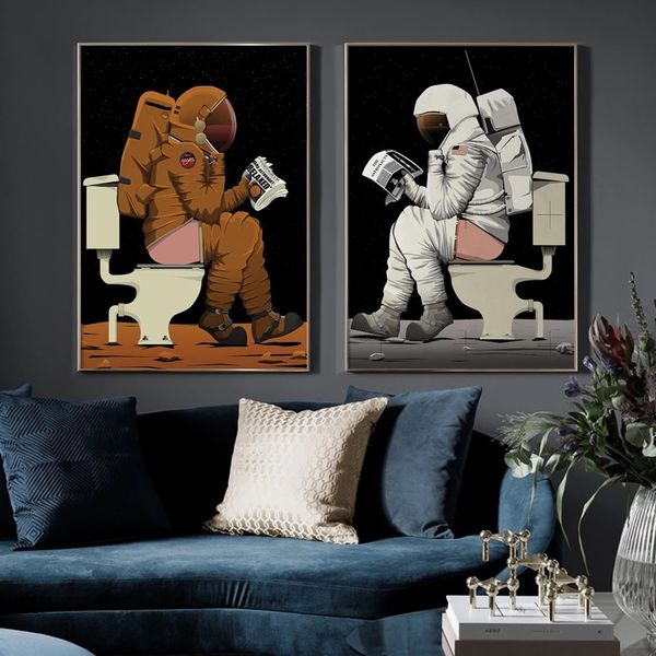 Animation Lustige Astronaut Leinwand Malerei Wand Kunst Poster Und Drucke Wand Bilder Für Toilette Badezimmer Home Wand Decor Cuadros