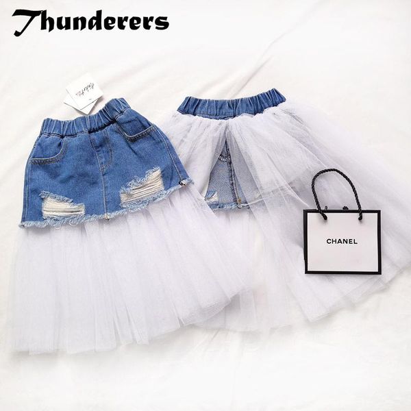 

skirts thunderers kids summer skirt broken ripped girl chiffon waist hole mesh elegant children baby clothes 18m-6t, Blue
