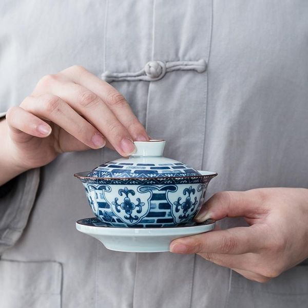 

cups & saucers chinese style blue and white porcelain ceramic tea set underglaze color retro cup hand-held pot