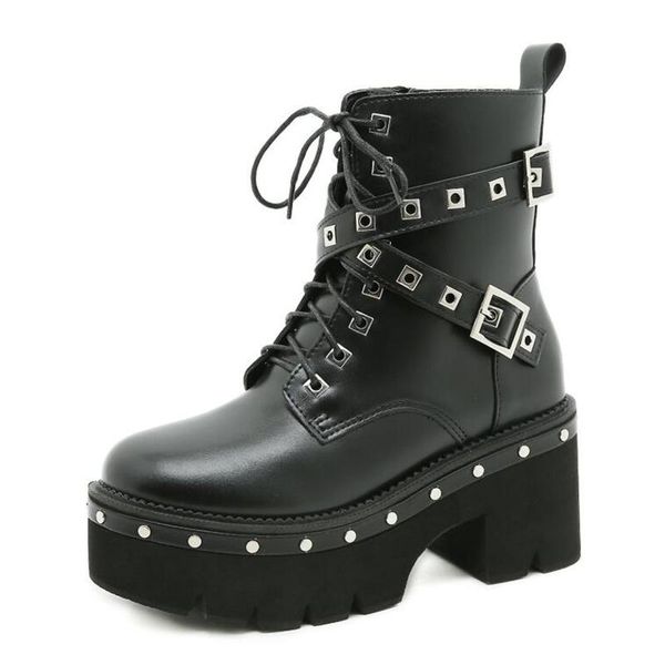 

boots punk rivet women motorcycle thick heel platform ankle gothic style shoes casual female chunky, Black
