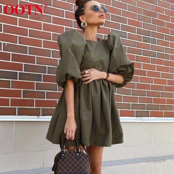

2021ootn green o neck casual women dress lantern short sleeve solid pink mini dress ladies elegant a line summer dresses cotton 2021, Black;gray