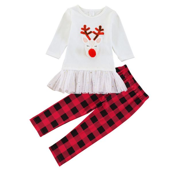 

children christmas clothes set fashion toddler kids baby girl deer t shirt +plaid pants 1-5 years, White