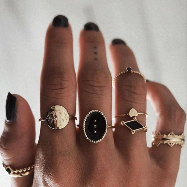 

cluster rings 6pcs/set antique gold evil-eye heart black rhinestone set for women knot midi joint ring anillos jewelry 14353, Golden;silver
