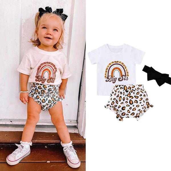 

0-24m summer lovely baby girls boys clothes sets rainbow print short sleeve t shirts leopard shorts headband clothing, White