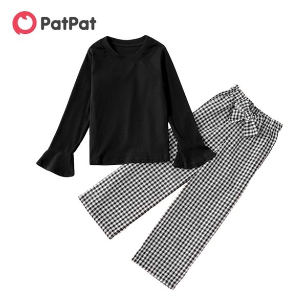 

arrival spring and autumn trendy solid ruffled longsleeves tee plaid bowknot elasticized pants sets 210528, White