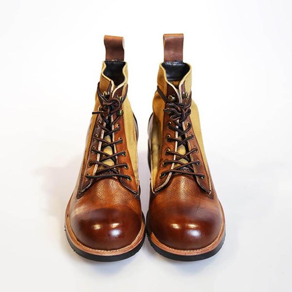 

boots up handmade retro lace genuine cow leather work canvas patchwork motorcycle ankle high safety army shoes men, Black