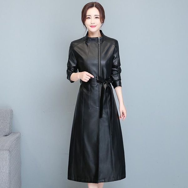 

women's leather & faux autumn winter women trench 2021 soft sheepskin long coat with belt korean black overcoat high quality