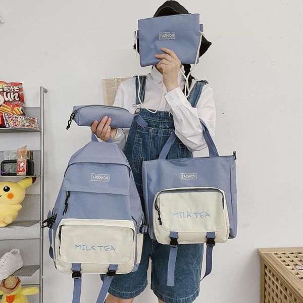 

school bags 4 pcs sets cute backpack canvas for teenage girls college student fashion book badge