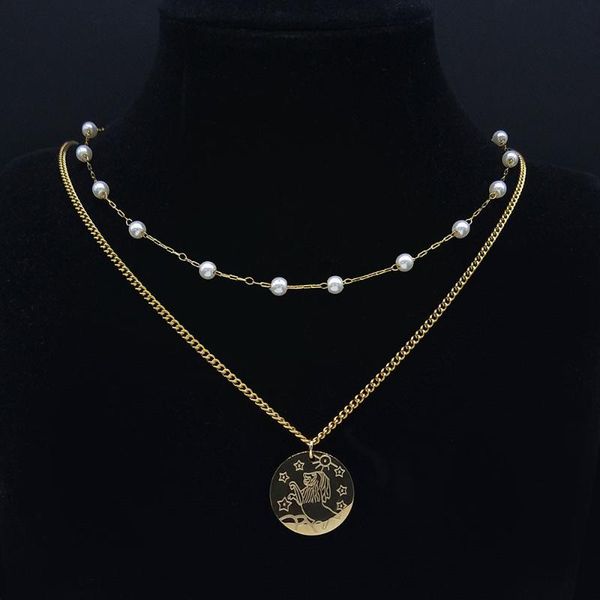 

pendant necklaces 2pcs 12 constellations stainless steel pearl leo layered gold color astrology choker necklace jewelry joyas n9205s04, Silver