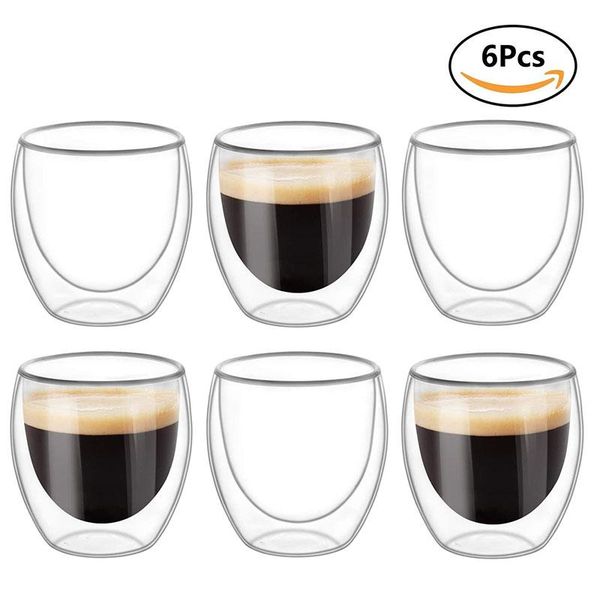 

double wall cups glass 8.5 oz - set of 6, insulated thermal mugs glasses for tea, coffee, latte, cappucino, cafe, milk wine