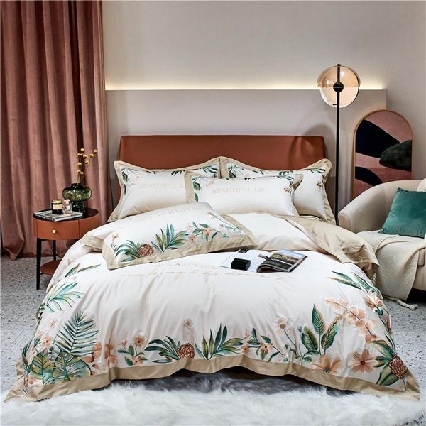 

bedding sets luxury 1000tc egyptian cotton tropical plant flowers embroidery set double duvet cover bed fitted sheet pillowcases
