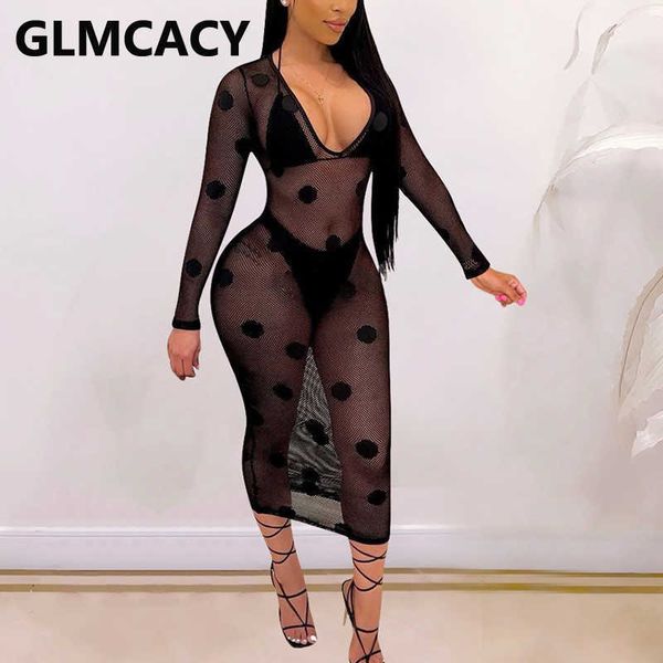 

long sleeve mesh see through dress with bikini set 210702, White