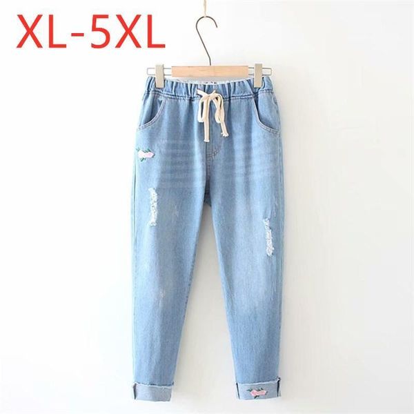

ladies autumn winter plus size jeans for women large loose cotton blue pocket hole embroidery belt denim pants 3xl 4xl 5xl women's & ca, Black;white