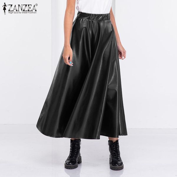

skirt fashion pu leather skirts women's spring sundress 2021 casual high elastic waist midi vestidos plus size solid robe femme, Black