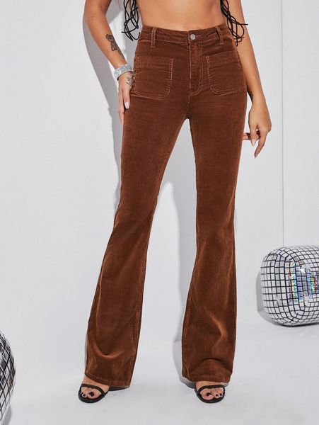 

high waist flare leg corduroy pants j6tf#, Black;white