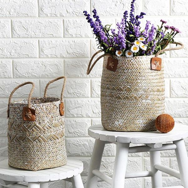 

storage baskets seagrass woven garden flower vase hanging basket rattan planter potted organizer home laundry with handle