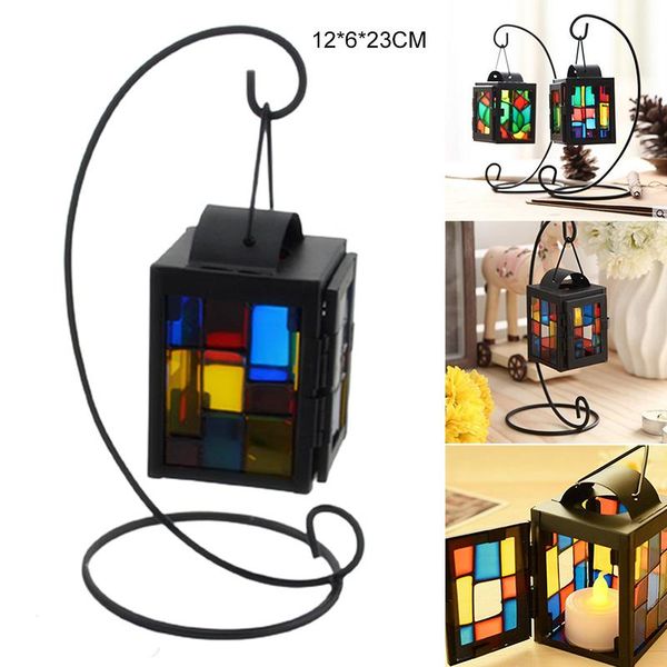 

wrought iron candlestick retro vintage hanging lantern lamp with hook stand & colorful glass window for table bar home qp2 decorative object
