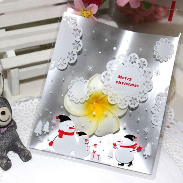 Confezione regalo 50 pezzi sacchetto di cellophane natalizio trasparente autoadesivo in plastica con fiocco di neve pupazzo di neve confezione di decorazioni per il mondo d'argento