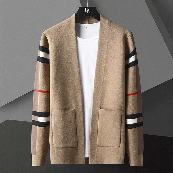 

men's jackets 2021 british style pocket cardigan fashion autumn and winter designer plus size stitching color knitted jacket, Black;brown