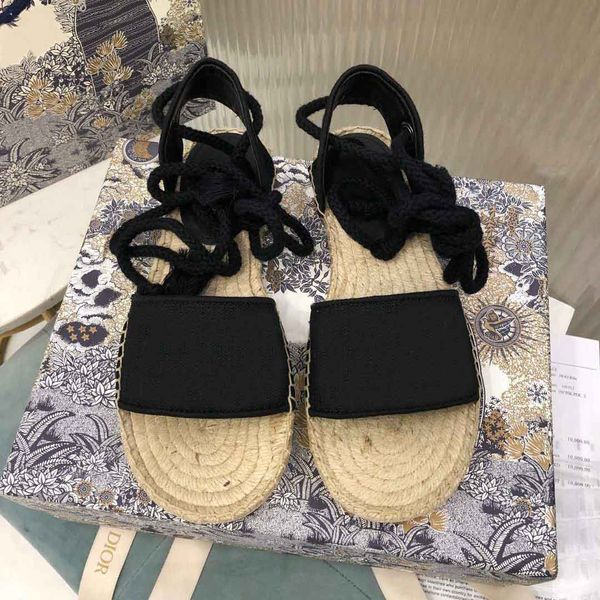 

summer women platform casual sandals slides slippers fashion ladies alphabet fisherman shoes leather woman shoe hemp rope grass lace up wove, Black