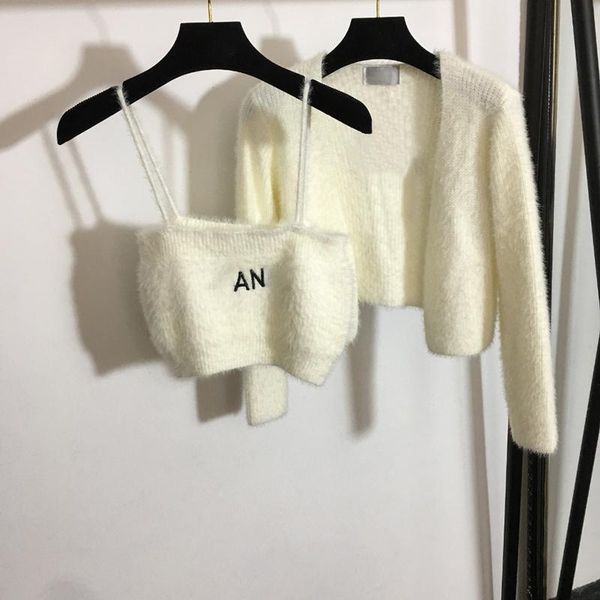 

women's knits & tees knitted suit embroidered letter strapless suspender vest wool long sleeved cardigan autumn and winter top, White