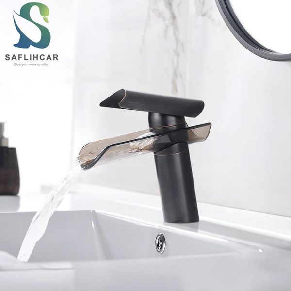 

black bronze fashion tile shape glass waterfall spout bathroom basin sink faucet single handle and cold water mixer taps