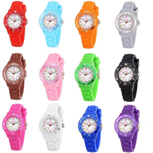 

50pcs kids children silicone sport quartz watches fashion boys girls jelly candy colourful students plastic party gift watch, Slivery;brown