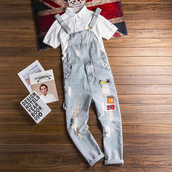 

pantsuper fire light-colored ripped denim bib retro wash overalls suspenders men and women straight jeans, Black