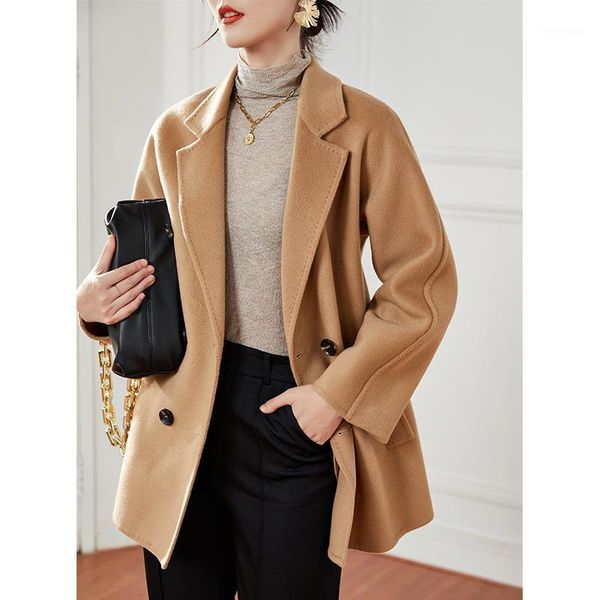 

women's wool & blends autumn style coat women short camel winter loose cashmere blazer red double-breasted lace-up commuter, Black