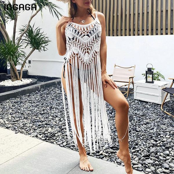 

women's swimwear ingaga knitted beach dress dresses woman summer 2021 boho swimsuits tassel cover up solid swimsuit, White;black