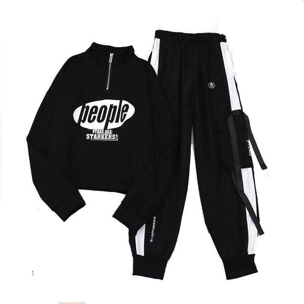 

t shirt+pants harajuku loose bf cargo women joggers spring autumn pocket two piece streetwear 210531, White
