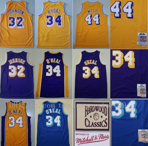 

wholesale 32 johnson 34 shaquille oneal o neal 44 jerry west team color vintage 1996 1997 1971 1972 year mitchell and ness jersey basketball, Black;red