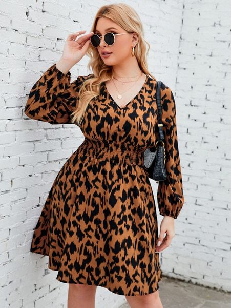

plus allover print shirred lantern sleeve dress s7s1#, Black
