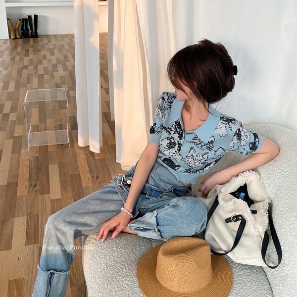 

women's sweaters 2021 summer t shirt for women printing cotton short cropped navel all-match sweater sleeve female y80, White;black