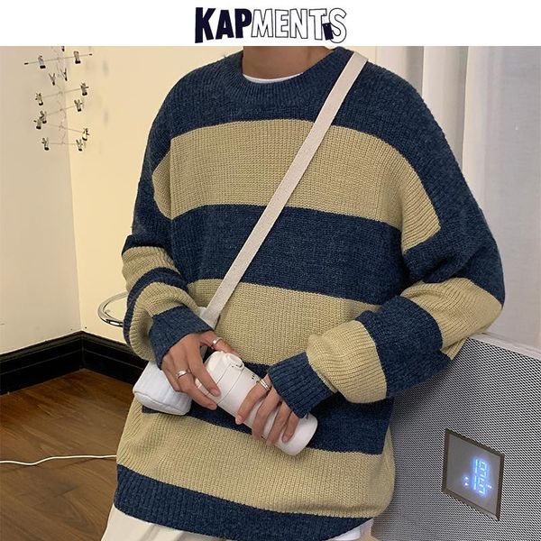 

men's sweaters kapments men harajuku patchwork striped sweater 2021 mens vintage japanese streetwear pullovers male y2k winter korean, White;black
