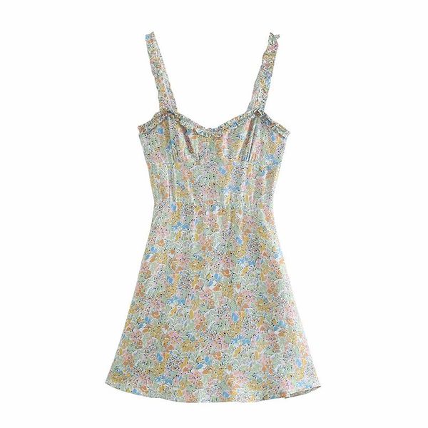 

casual dresses 2021 summer french v-neck printed halter dress with waistband sleeveless ruffled mini strap boho elegant mujer, Black;gray