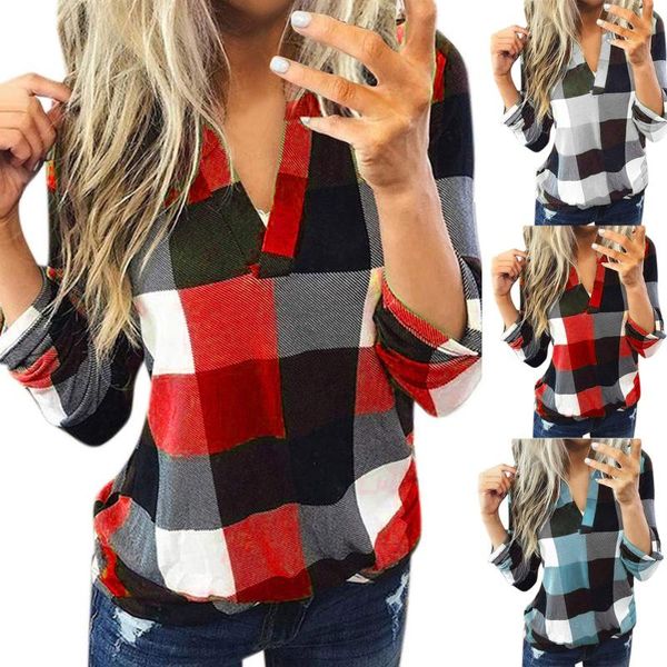 

plus size fashion plaid blouse shirt loose v-neck casual autumn winter ladies female women long sleeve blusas pullover women's blouses, White